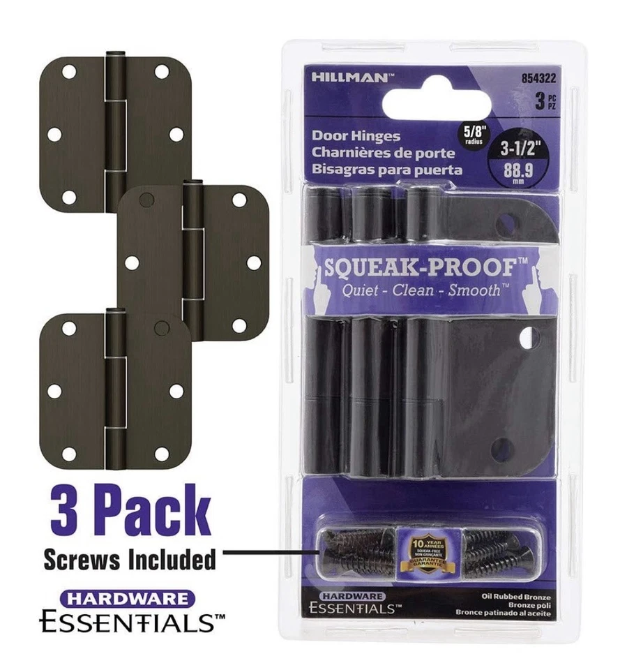 3 Pack 854322 Round Corner Door Hinges 3-1/2" Oil Rubbed Bronze Squeak-Proof