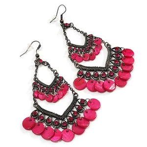 Long Magenta Shell Disk Chandelier Earrings - 9.5cm Drop - Picture 1 of 5