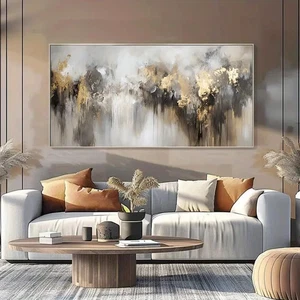 Pintura en lienzo abstracta con textura negra y dorada sin marco para vivir - Imagen 1 de 6