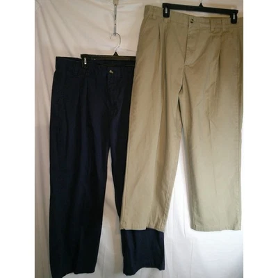 Lote de 2 calças vintage plissadas cáqui e azul marinho cabeça de pato mistura de algodão tamanho 38x28 - Imagem 1 de 3