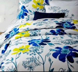 WEST ELM Full Queen White Yellow Blue Floral Modern Abstract Duvet Cover - Picture 1 of 5