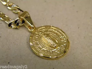 Lady's Small Aztec Calendar Virgin Mary Gold Plated Charm & Figaro Chain Set  - Picture 1 of 5