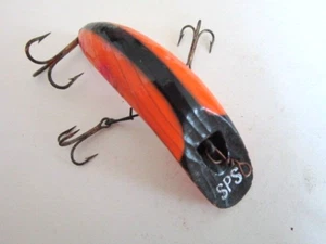 Vintage Helin SPS Holz Angelköder orange & rot mit schwarzen Streifen Sammlerstück - Bild 1 von 9