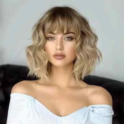 Женские парики Short Bob Light Ash Blonde с челкой 100% натуральные волосы кружевные парики  - Изображение 1 из 4