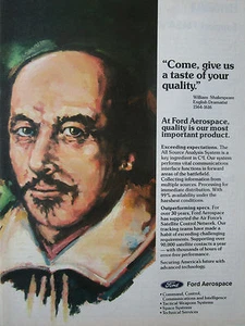 10/1989 PUB FORD AEROSPACE WILLIAM SHAKESPEARE QUALITY PRODUCTS ORIGINAL AD - Foto 1 di 1