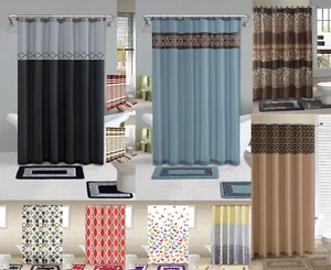 COMPLETE SET SHOWER CURTAIN W/HOOKS + BATHROOM MAT RUG NEW DESIGNS 15PC GRP 2 - Picture 1 of 49