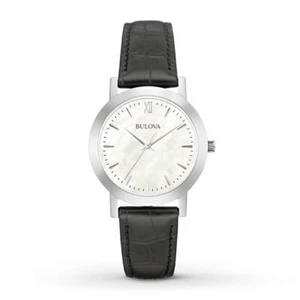Bulova 96X132 Tono plateado blanco MOP Dial Correa de cuero negro Reloj de vestir para mujer - Imagen 1 de 5