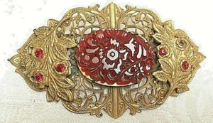 Beautiful Antique 1910 Gold Carved Carnelian Large Brooch - Picture 1 of 2