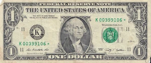 2009 $1 Dollar Bill Unique Fancy Serial # Star Note Bill K00399106* - Picture 1 of 1