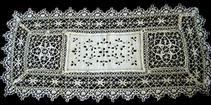 Antique lace topper w embroidered eyelets center & hand done needle lace Italy - Picture 1 of 5