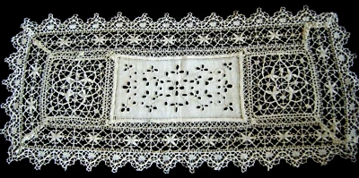 Antique lace topper w embroidered eyelets center & hand done needle lace Italy - Image 1 of 4