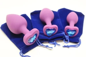 3 Pieces Heart Jeweled Butt Plug Soft for silicone sexy sex Toy + Gift Bags - Picture 1 of 9
