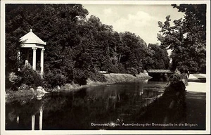 DONAUESCHINGEN alte AK um 1940 Mündung Donau Brigach Brücken Partie mit Tempel - Picture 1 of 1