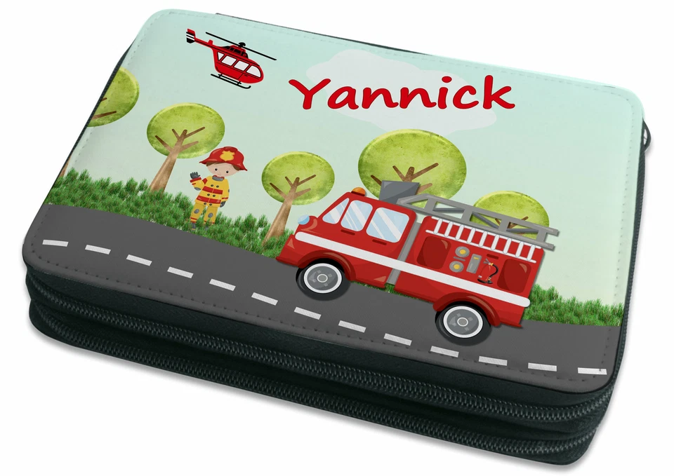 CREADESIGN Federmäppchen Federtasche Mäppchen mit Namen personalisiert Feuerwehr Landschaft