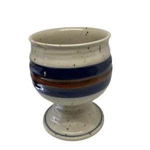 Vintage Otagiri Japan Stemmed Goblet Handcrafted Stoneware Blue Brown Band - Picture 1 of 6