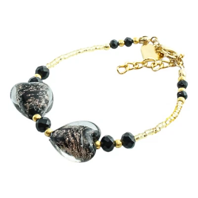 Murano Glass Bead Bracelet Black Gold Handmade Venice Italy Hearts - Image 1 of 4