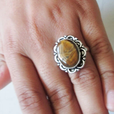 Elegante ojo de tigre piedras preciosas superposición de plata unisex anillo ajustable joyería Foto 1 de 4