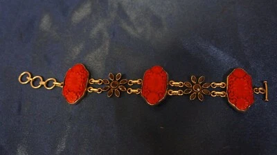 Pulseira de prata esterlina 0,925 8" plástico vermelho e pedra vermelha flor - Imagem 1 de 4