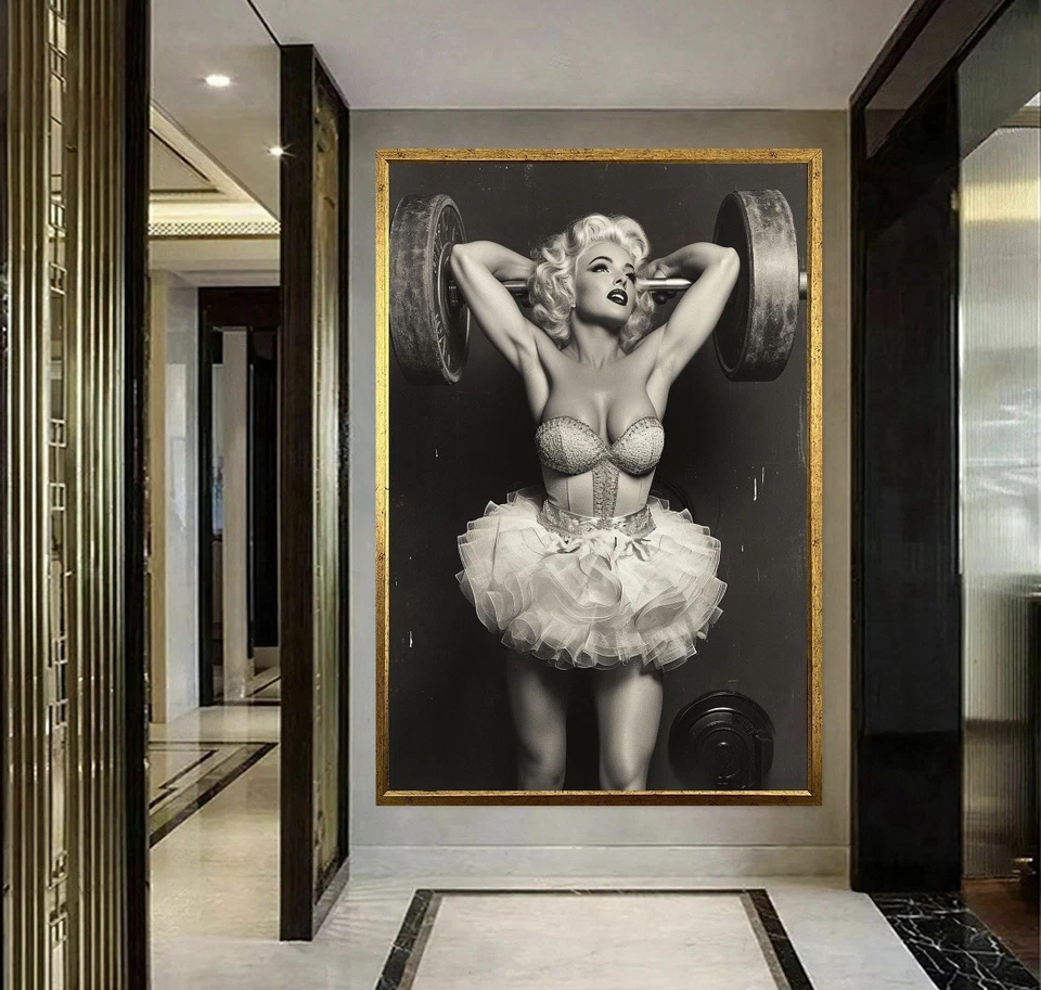 Arte de pared en lienzo Marilyn Monroe levantando pesas en tutú arte pop impresión decoración de pared Foto 1 de 4