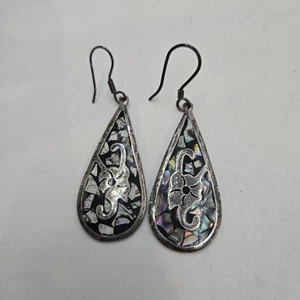 Vintage Abalone Inlay 925 Sterling Silver Mexico Dangle Earrings 2 Inch Teardrop - Picture 1 of 5