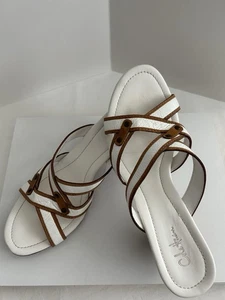 Cole Haan White/Brown Leather Slides Sandal Wedge Heel Brazil 9B - Picture 1 of 9