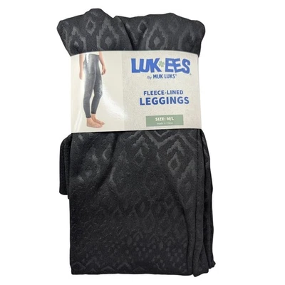NEW LUK-EES by Muk Luks Womens Fleece-Lined Leggings Black M/L Warm Cozy Pattern - Image 1 of 4