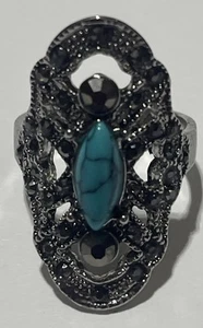 Size 10 Turquoise Stone Index Finger Silver Time Filigree Black Diamonique  NEW - Picture 1 of 6