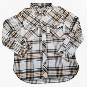 Sanctuary Beige Black Plaid Button Up Flannel Shirt Classic Shacket Size Large - Picture 1 of 10