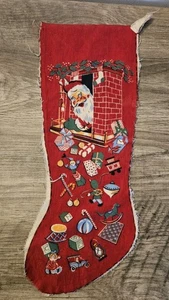 vtg flannel CHRISTMAS STOCKING 17-1/2" long santa chimney toys - Picture 1 of 2