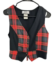 Body Exteriors Vintage Button Front Plaid Vest Black Red Sz 7 Western Ranch - Picture 1 of 9