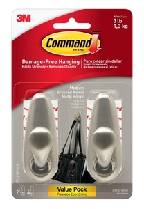 Command Medium Metal Wall Hooks Brushed Nickel Damage Free Hanging 2 Pack - Picture 1 of 10