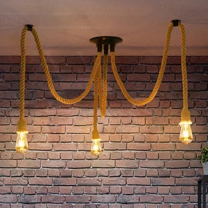 Lampadario in Corda Di Canapa Vintage, Lampada a Sospensione Industriale Con 3 A - Foto 1 di 12