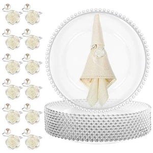 12 Set Clear Charger Plates with Napkin Rings 13 Inch Plastic Round Charger P... - Picture 1 of 7