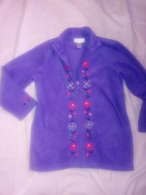 Susan Graver Style Small Purple Fleece Floral Embroidered Zip Jacket Long - Image 1 of 4
