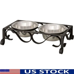 Raised Double Diner Dog Feeder Stainless Steel Bowls Vintage Pet Bowl Holder New - Picture 1 of 8