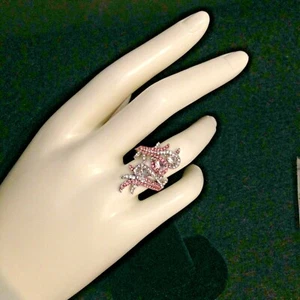 Bright SS 925-Free Form Ladies Fashion Ring-Pink & White Rhinestones-Quality - Picture 1 of 5