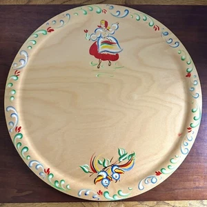 Vintage Woodcroftery geformtes Holz rundes Tablett Tole bemalt Blumenmuster Vögel & Mädchen - Bild 1 von 5