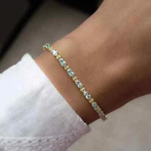6Ct Oval Cut Lab Created Aquamarine Women Tennis Bracelet 14K Yellow Gold Plated - Picture 1 of 8
