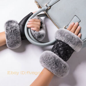Womens Winter Warm Real Rabbit Fur Fingerless Real Leather Wrist Mittens Gloves