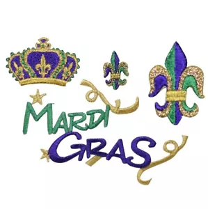 Mardi Gras Applique Patch Set - Fleur de Lis Crown New Orleans (4-Pack, Iron on) - Picture 1 of 1