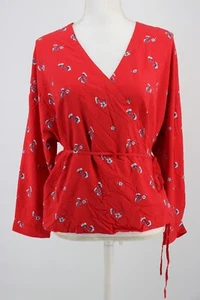 Levi's Blouse Womens XL Red Floral Wrap Tie Waist Long Sleeve V Neck Viscose New - Picture 1 of 11
