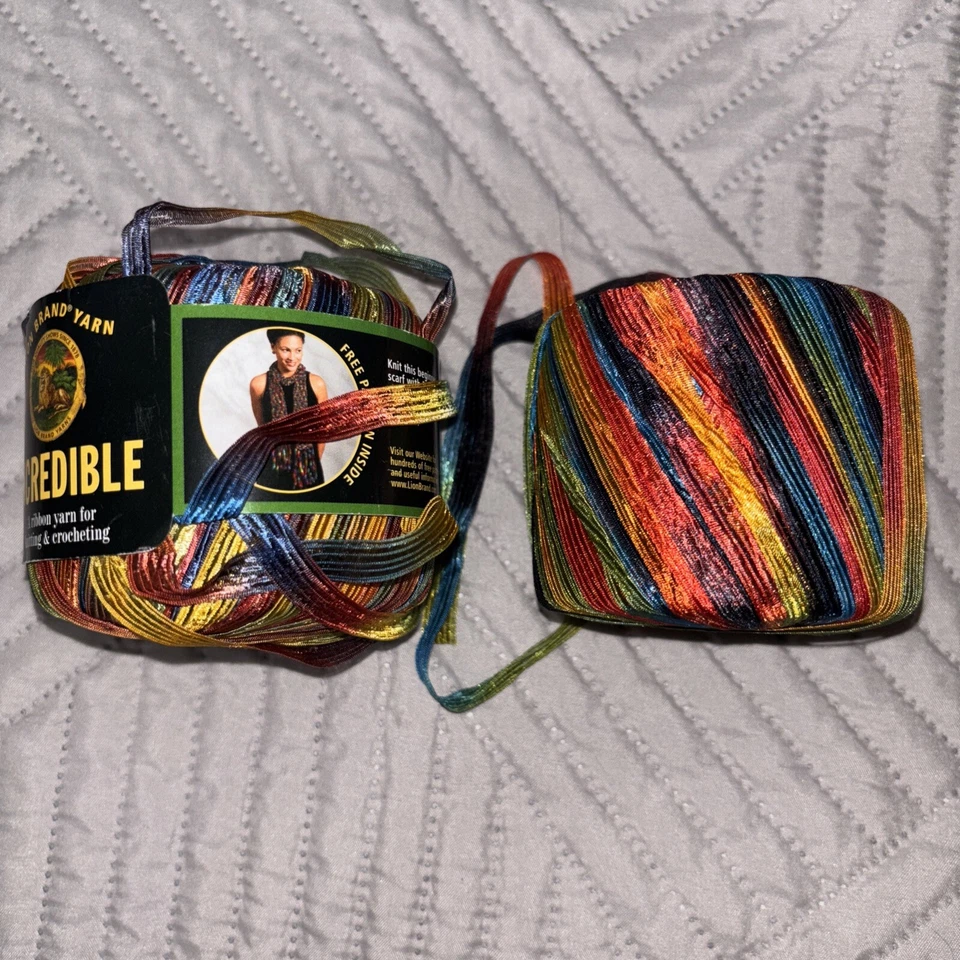 3x Skeins Lion BRAND Incredible Ribbon Yarn 2 Copper Penny & Rainbow 110 Yds