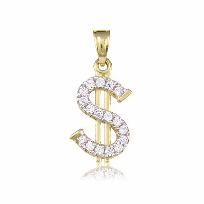 Colgante con signo de dólar de circonita cúbica de oro amarillo macizo de 10K - $ collar de dinero encanto Foto 1 de 4