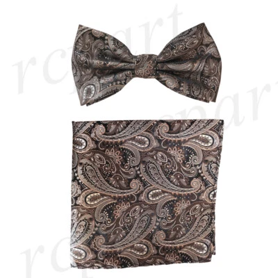 Nuevo Hombres Microfibra Pre-atado Pajarita y Pañuelo Marrón Paisley Formal Boda Foto 1 de 3