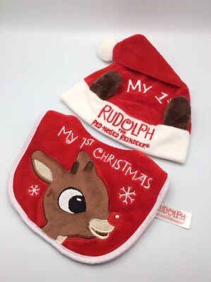 Mi 1er Juego de Sombrero y Babero Papá Noel Reno Nariz Roja Mi Primera Navidad Foto 1 de 4