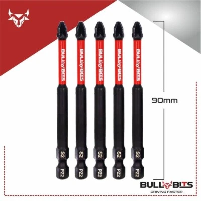 BULL BITS 5x PZ2 90mm Long Magnetic Impact Duty Screwdriver Drill Driver Bits Pozi NO.2