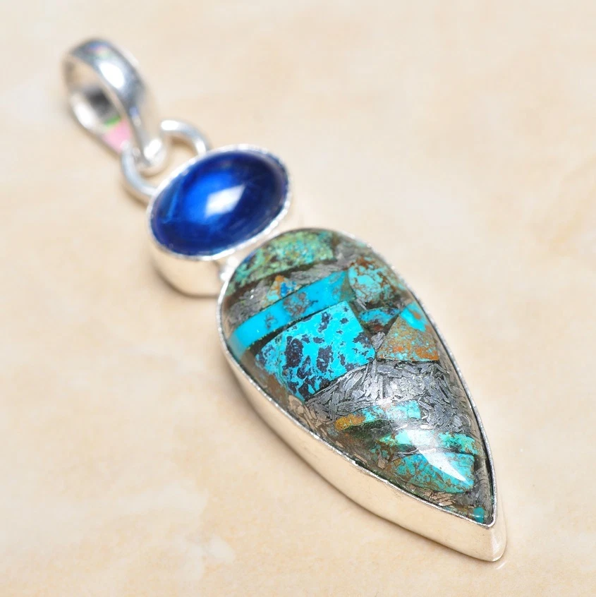 Handgefertigt Türkis Jaspis Edelstein 925 Sterling Silber Anhänger 2.5 " #P04339 - Bild 1 von 1