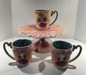 Dept 56 Pink Orange Pansy 11.5" Cake Stand Platter 3 Matching Mugs Spring Easter - Picture 1 of 14
