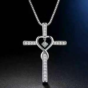 Damen Herren Kreuzkette Infinity Edelstahl Silber Zirkonia Schmuck Halskette Neu - Bild 1 von 5