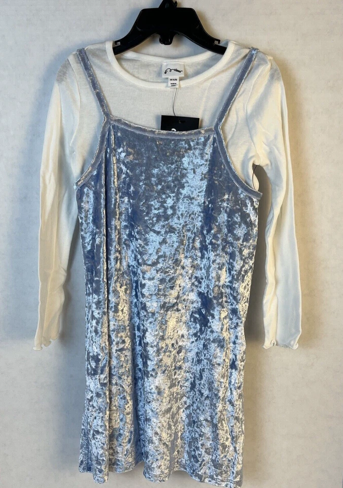 Art Class Girls Slip Dress XS 4-5 Blue Velour Long Sleeve White T Shirt Set
